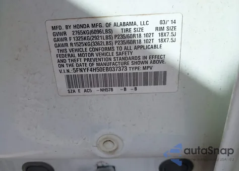 2014 Honda Pilot Ex-L из США, поврежденный, VIN 5FNYF4H50EB037373